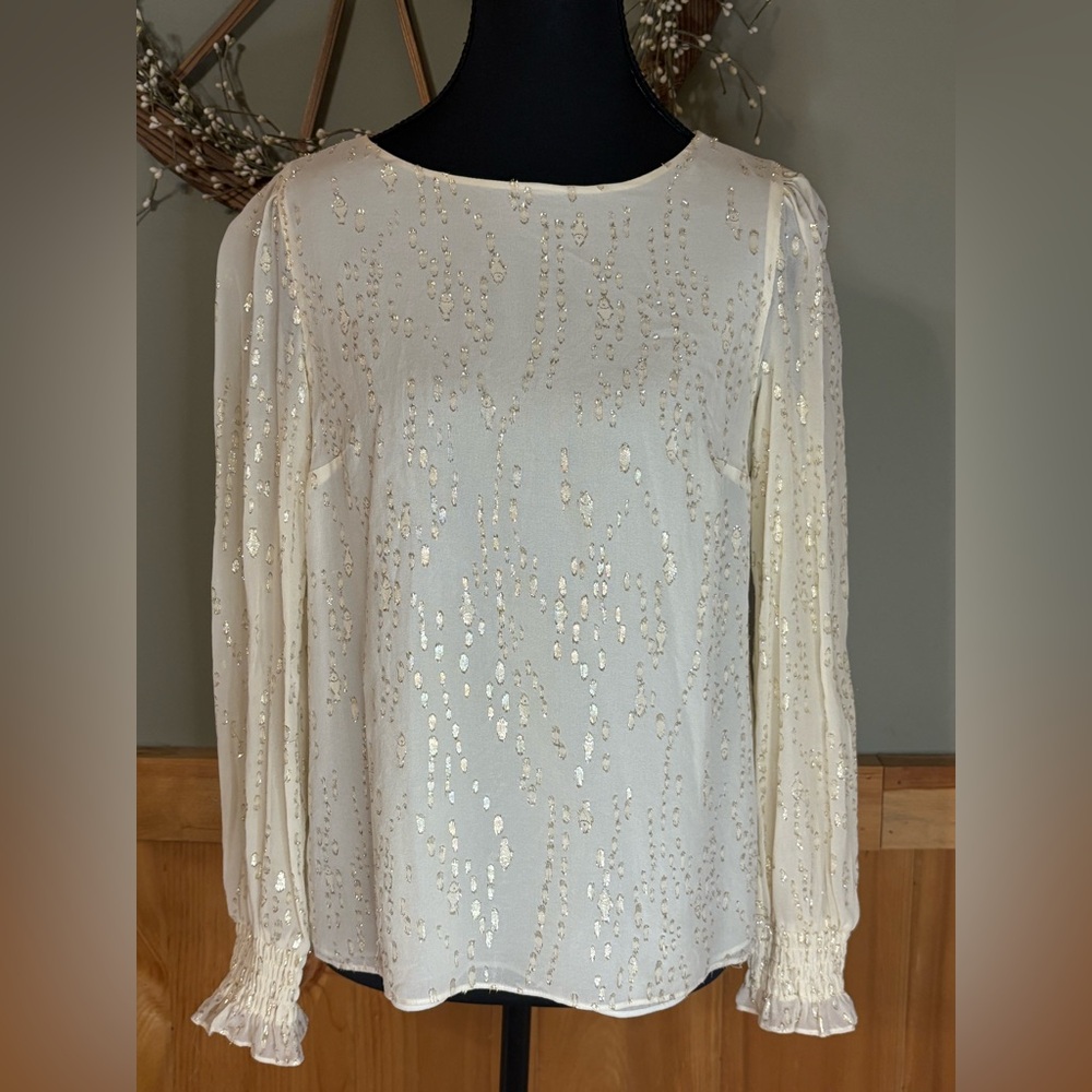Lilly Pulitzer Cream Sequin Long Sleeve Silk blend Blouse size Small